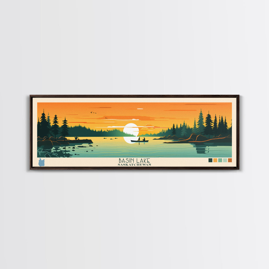 Basin Lake Saskatchewan Framed Canvas Print, Panoramic Wall Art, Midcentury Modern Lake House Decor, Pop Art, Travel Poster, Scenic Living Room Art