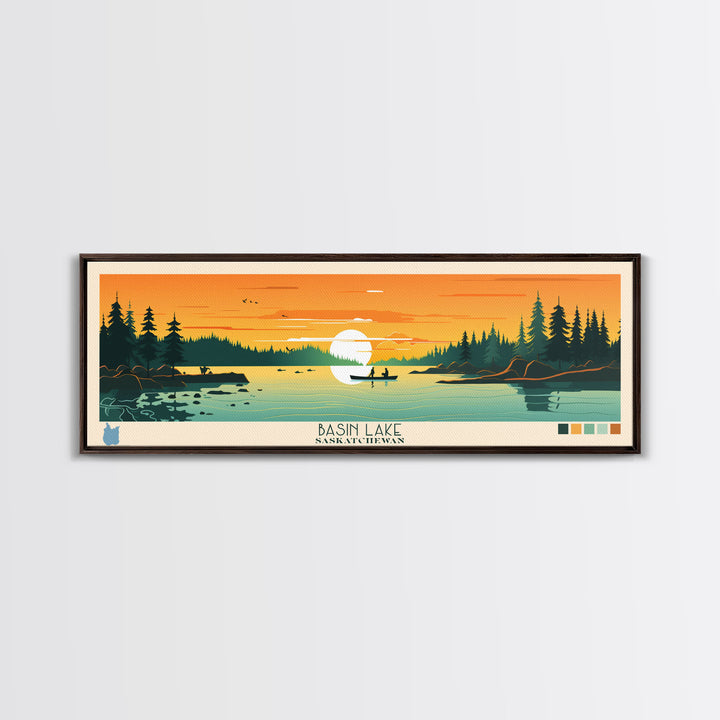 Basin Lake Saskatchewan Framed Canvas Print, Panoramic Wall Art, Midcentury Modern Lake House Decor, Pop Art, Travel Poster, Scenic Living Room Art