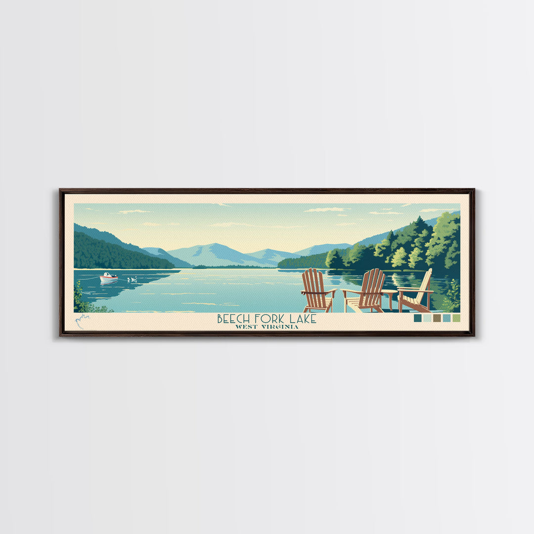 Beech Fork Lake West Virginia Framed Canvas Print, Panoramic Wall Art, Midcentury Modern, Pop Art, Travel Poster, Scenic Lake House Decor, Bedroom Art