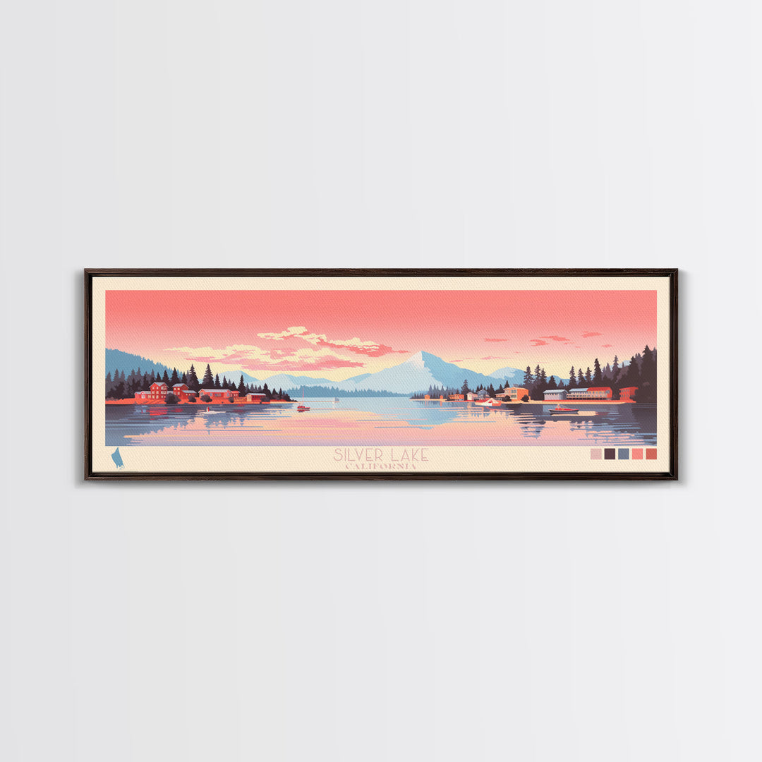 Silver Lake, California Framed Canvas Print, Panoramic Travel Poster, Midcentury Modern Art, Wall Art, Pop Art, Living Room Decoration