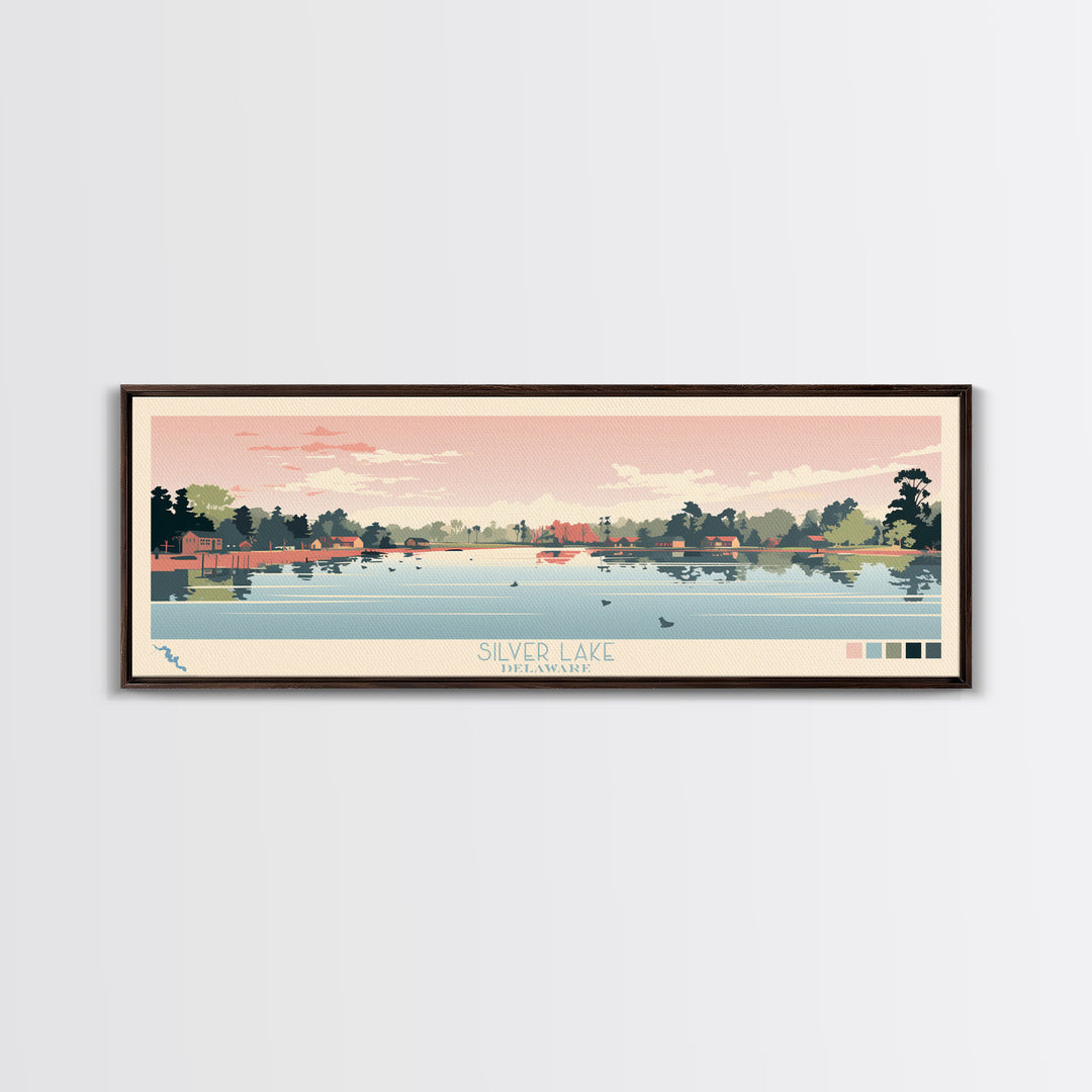 Silver Lake, Delaware Framed Canvas Print, Panoramic Wall Art, Midcentury Modern Decor, Pop Art, Travel Poster, Home Decoration