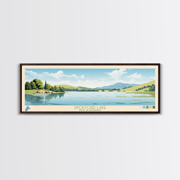 Spofford Lake, New Hampshire Framed Canvas Print, Lake House Art, Midcentury Modern Decor, Pop Art, Travel Poster, Living Room Wall Art