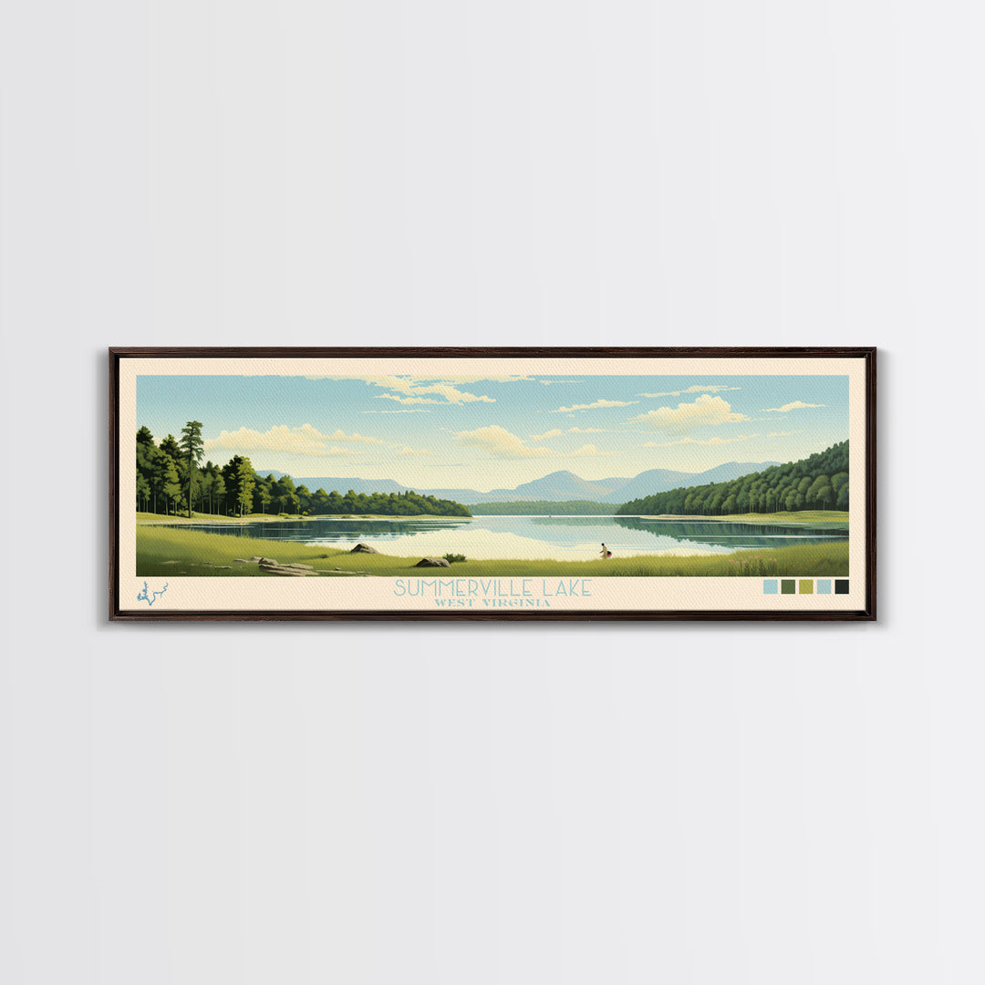 Summerville Lake, West Virginia Framed Canvas Print, Lake House Art, Midcentury Modern Decor, Pop Art, Travel Poster, Living Room Wall Art