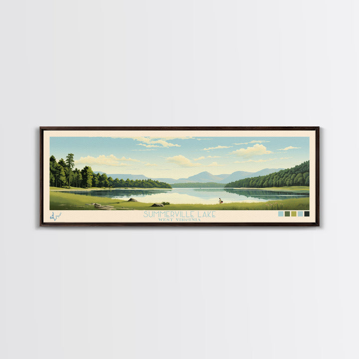 Summerville Lake, West Virginia Framed Canvas Print, Lake House Art, Midcentury Modern Decor, Pop Art, Travel Poster, Living Room Wall Art