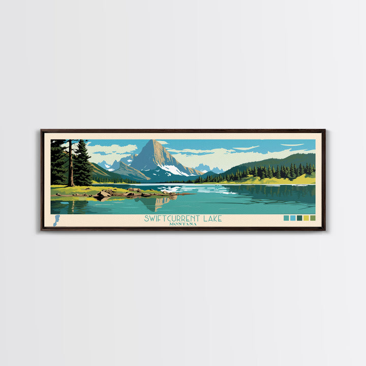 Swiftcurrent Lake, Montana Framed Canvas Print, Lake House Art, Midcentury Modern Decor, Pop Art, Travel Poster, Living Room Wall Art