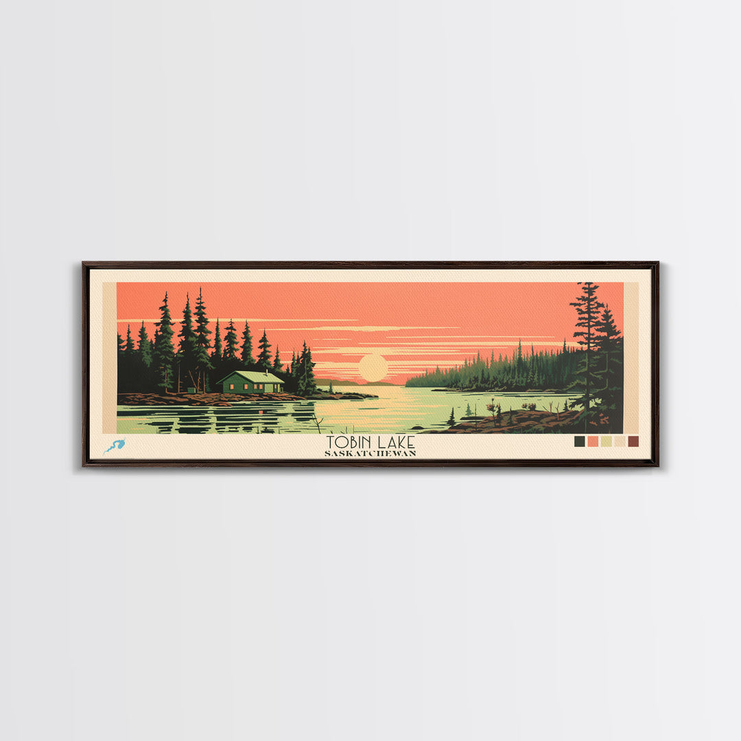 Tobin Lake, Saskatchewan Framed Canvas Print, Lake House Art, Midcentury Modern Decor, Pop Art, Travel Poster, Bedroom Wall Art