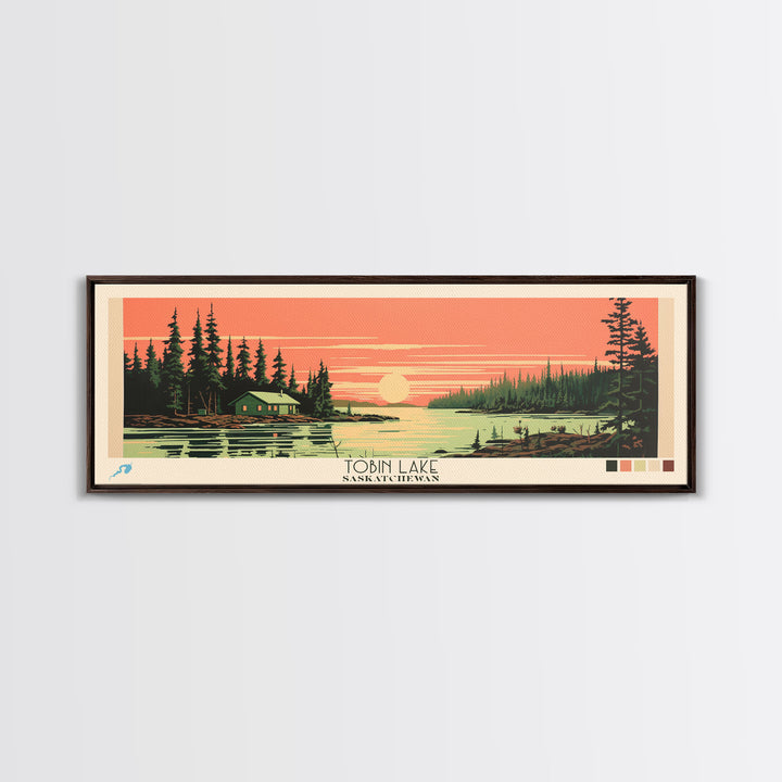 Tobin Lake, Saskatchewan Framed Canvas Print, Lake House Art, Midcentury Modern Decor, Pop Art, Travel Poster, Bedroom Wall Art