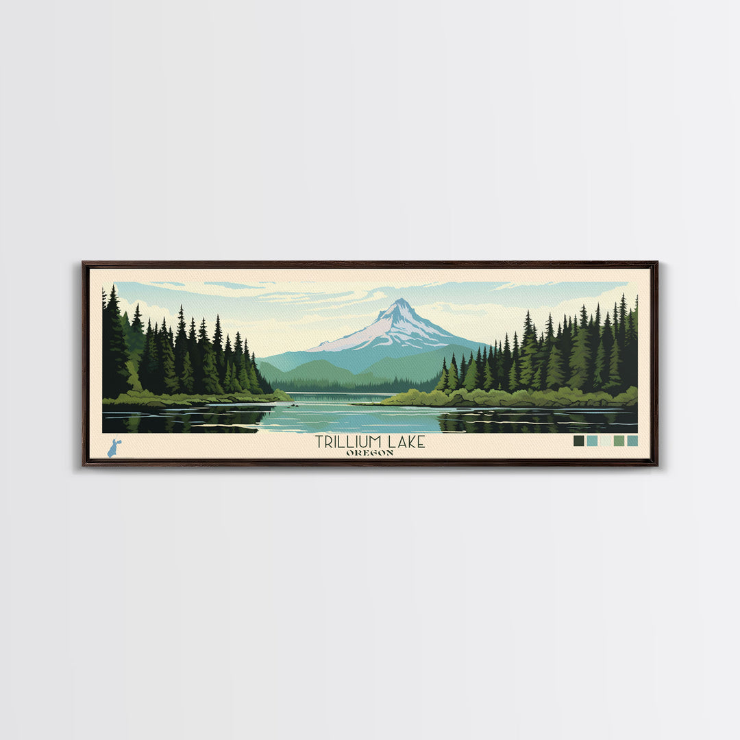 Trillium Lake, Oregon Framed Canvas Print, Lake House Art, Midcentury Modern Decor, Pop Art, Travel Poster, Bedroom Wall Art