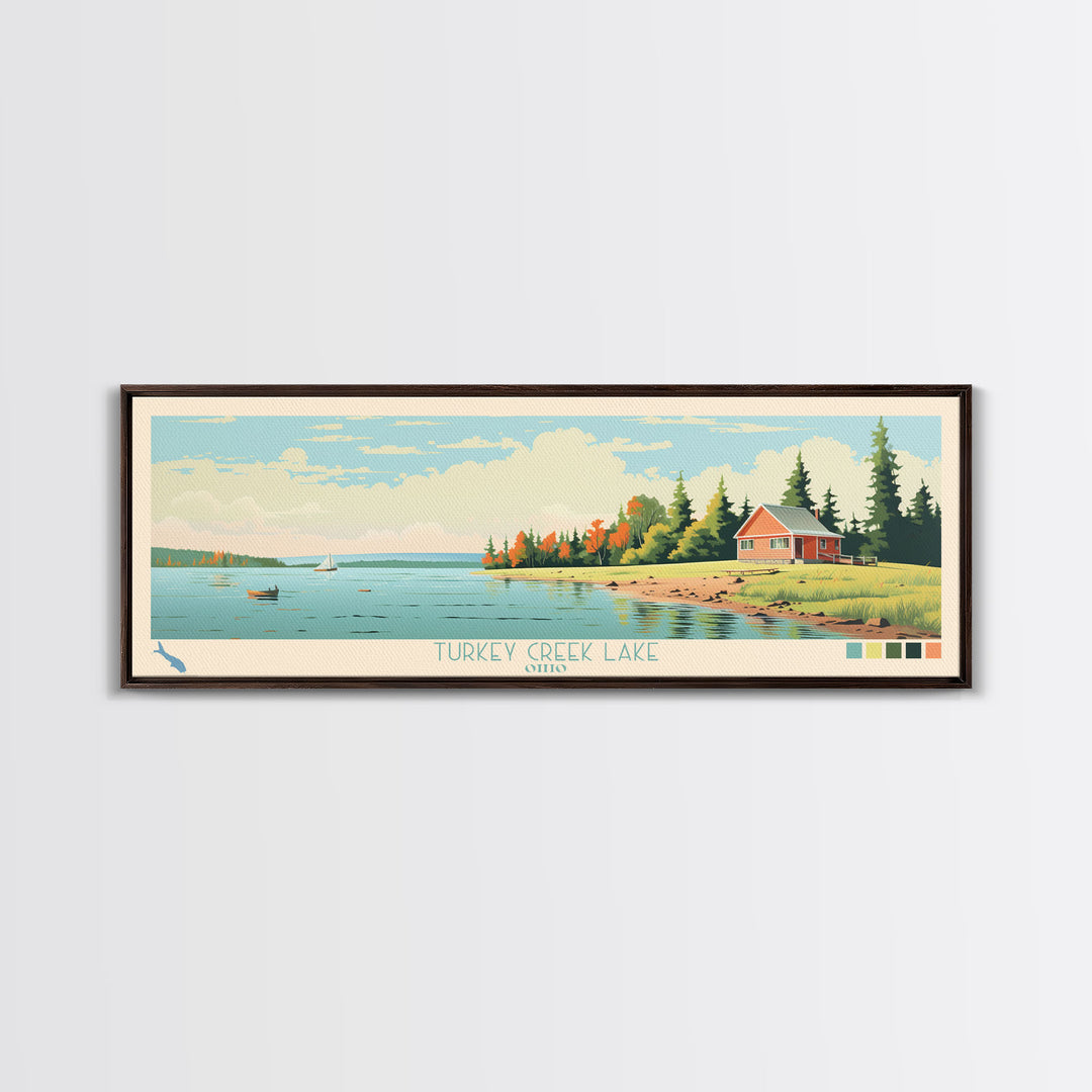 Turkey Creek Lake, Ohio Framed Canvas Print, Lake House Decor, Midcentury Modern Art, Pop Art, Travel Poster, Living Room Wall Art