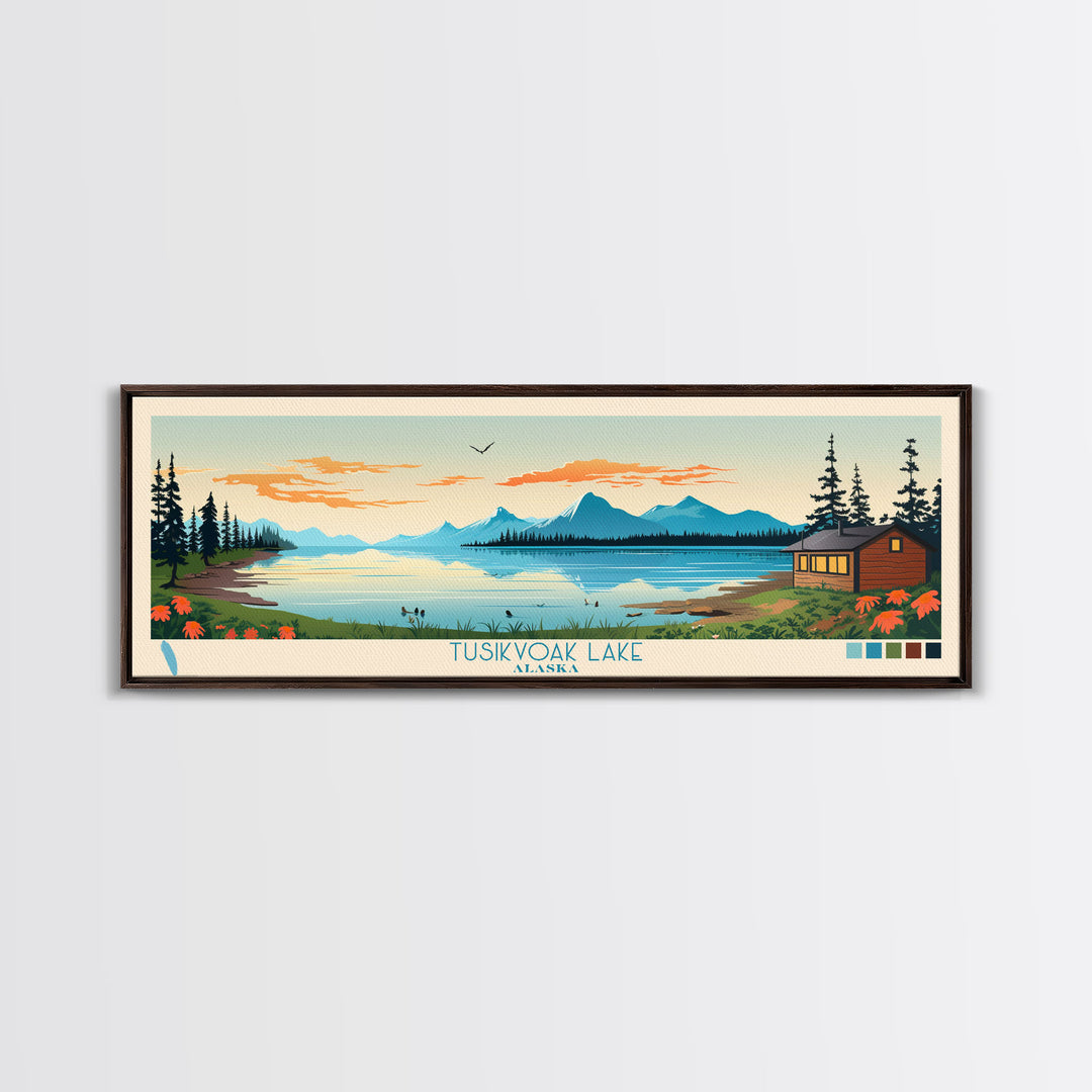 Tusikvoak Lake, Alaska Framed Canvas Print, Lake House Art, Midcentury Modern Decor, Pop Art, Travel Poster, Bedroom Wall Art