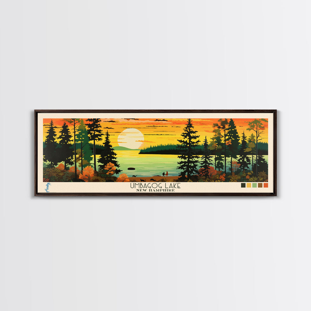 Umbagog Lake, New Hampshire Framed Canvas Print, Panoramic Lake House Art, Midcentury Modern Decor, Pop Art, Travel Poster, Living Room Wall Art