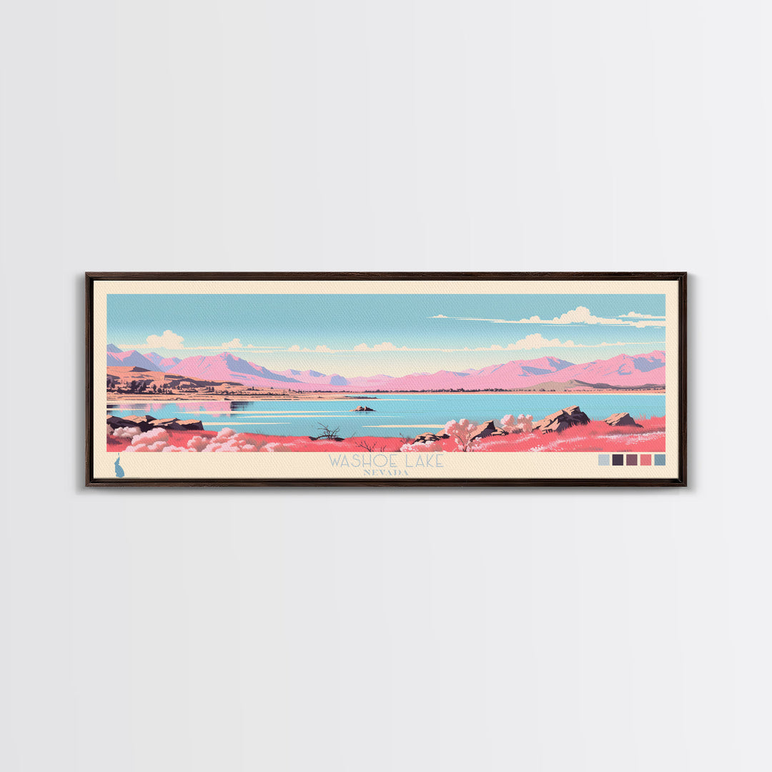 Washoe Lake, Nevada Framed Canvas Print, Panoramic Lake House Decor, Midcentury Modern Art, Pop Art, Travel Poster, Bedroom Wall Art