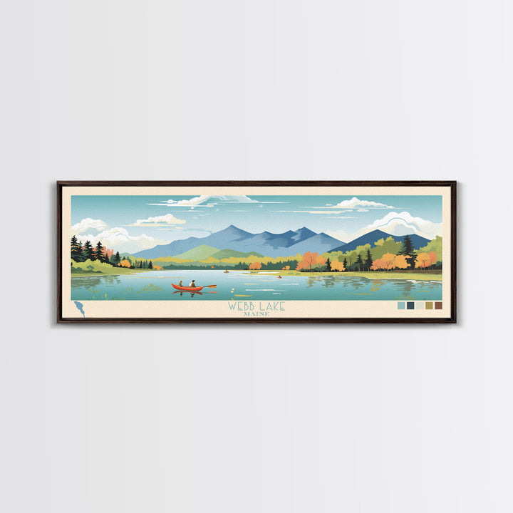 Webb Lake, Maine Framed Canvas Print, Midcentury Modern Lake House Decor, Panoramic Art, Pop Art, Travel Poster, Living Room Wall Art