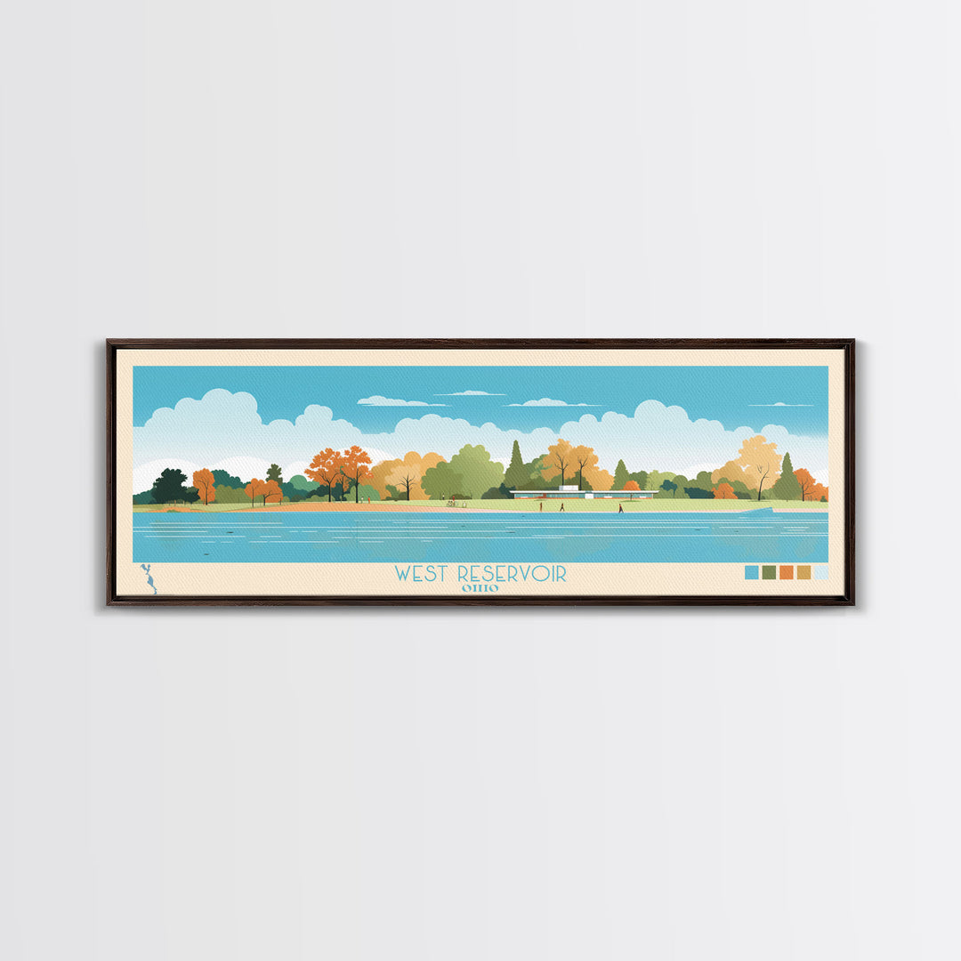 West Reservoir, Ohio Framed Canvas Print, Panoramic Lake House Decor, Midcentury Modern Art, Pop Art, Travel Poster, Living Room Wall Art