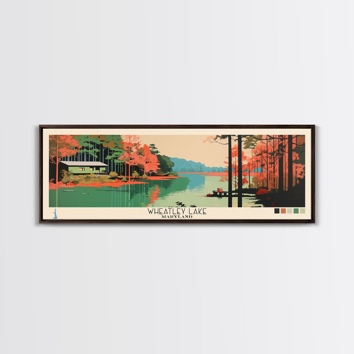 Wheatley Lake, Maryland Framed Canvas Print, Lake House Art, Panoramic Midcentury Modern Decor, Pop Art, Travel Poster, Bedroom Wall Art