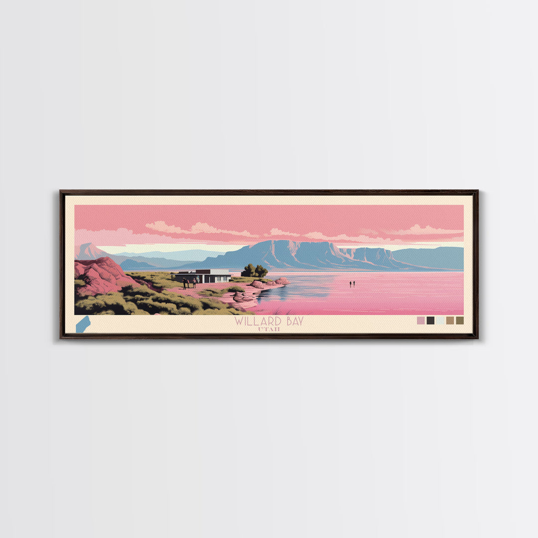 Willard Bay, Utah Framed Canvas Print, Panoramic Lake House Decor, Midcentury Modern Art, Pop Art, Travel Poster, Living Room Wall Art