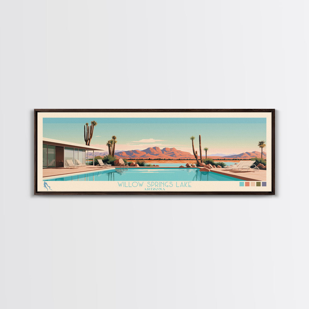 Willow Springs Lake, Arizona Panoramic Framed Canvas Print, Lake House Art, Midcentury Modern Decor, Pop Art, Travel Poster, Bedroom Wall Art