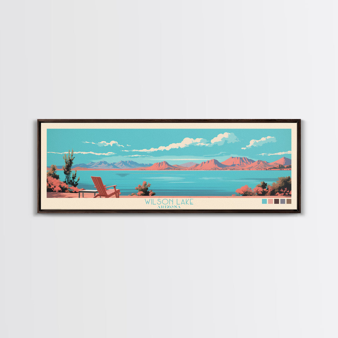 Wilson Lake, Arizona Framed Canvas Print, Panoramic Lake House Art, Midcentury Modern Decor, Pop Art, Travel Poster, Wall Art