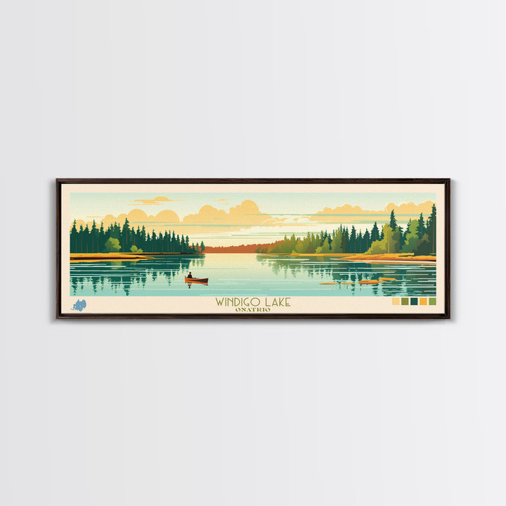 Windigo Lake, Ontario Panoramic Framed Canvas Print, Lake House Decor, Midcentury Modern Art, Pop Art, Travel Poster