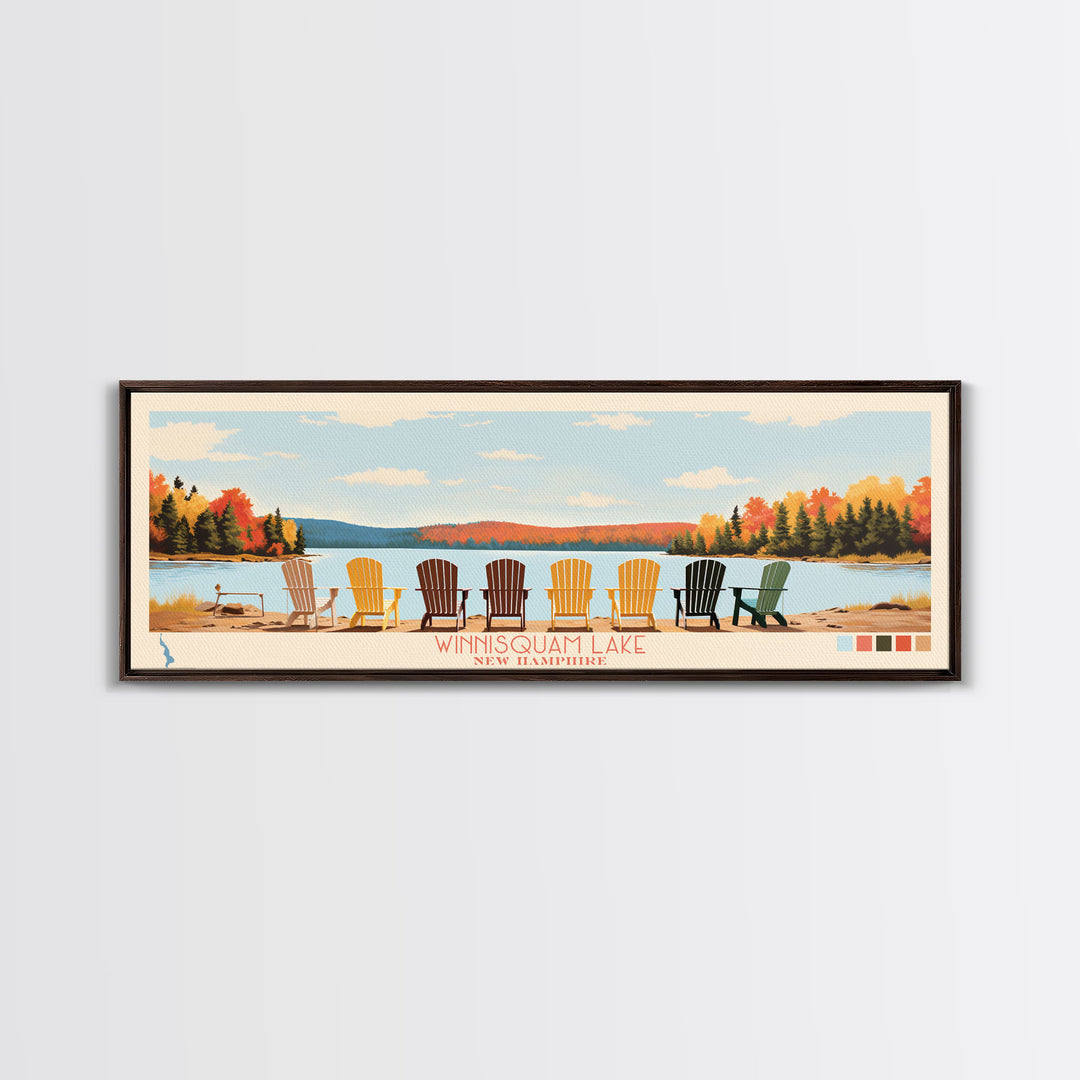 Winnisquam Lake, New Hampshire Panoramic Framed Canvas Print, Lake House Decor, Midcentury Modern Art, Pop Art, Travel Poster