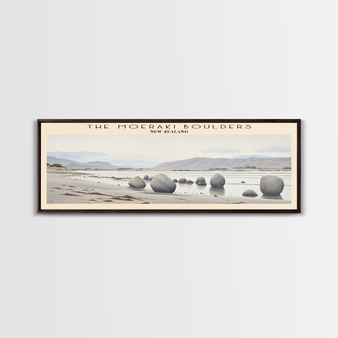 The Moeraki Boulders COUNTRY Travel Poster Print, Framed Canvas Print, COUNTRY Travel Art, Wood Framed Art, Wall Hanging, Home Decor