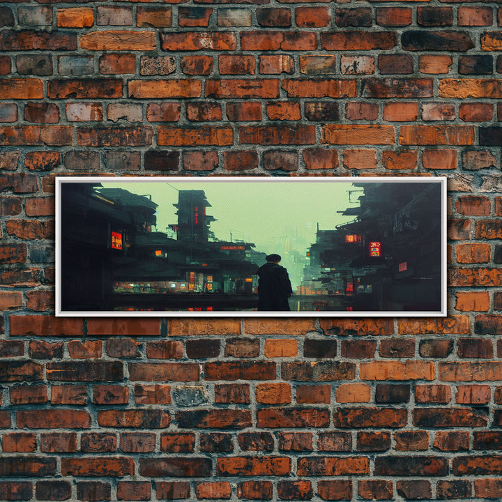 80s style Cyberpunk Japanese City, Retro Punk Tokyo, Framed Canvas Print, Framed Wall Art, Large Panoramic Wall Decor