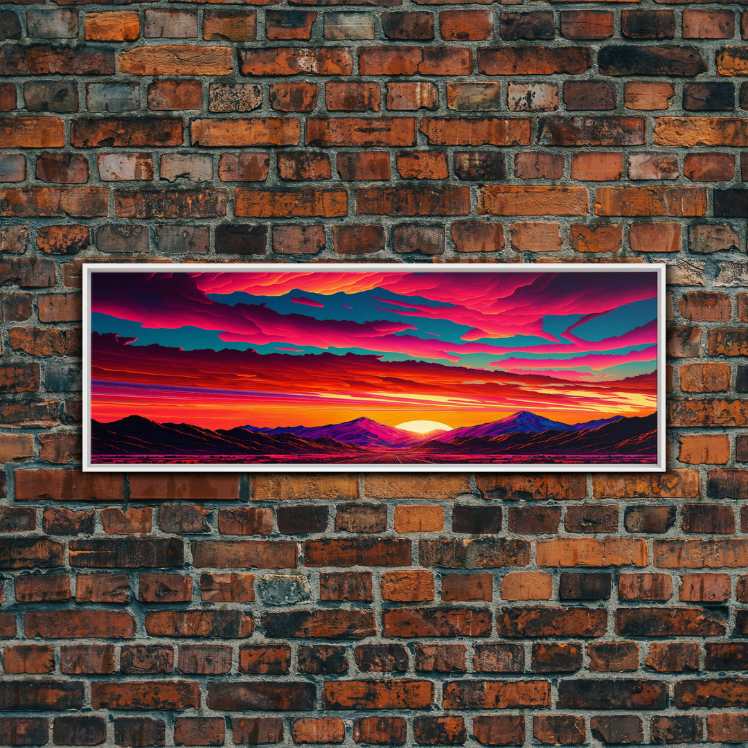 Panoramic Framed Canvas Print | Desert Mountain Landscape Synthwave Sunset | Living Room, Bedroom, Dining Room, Office