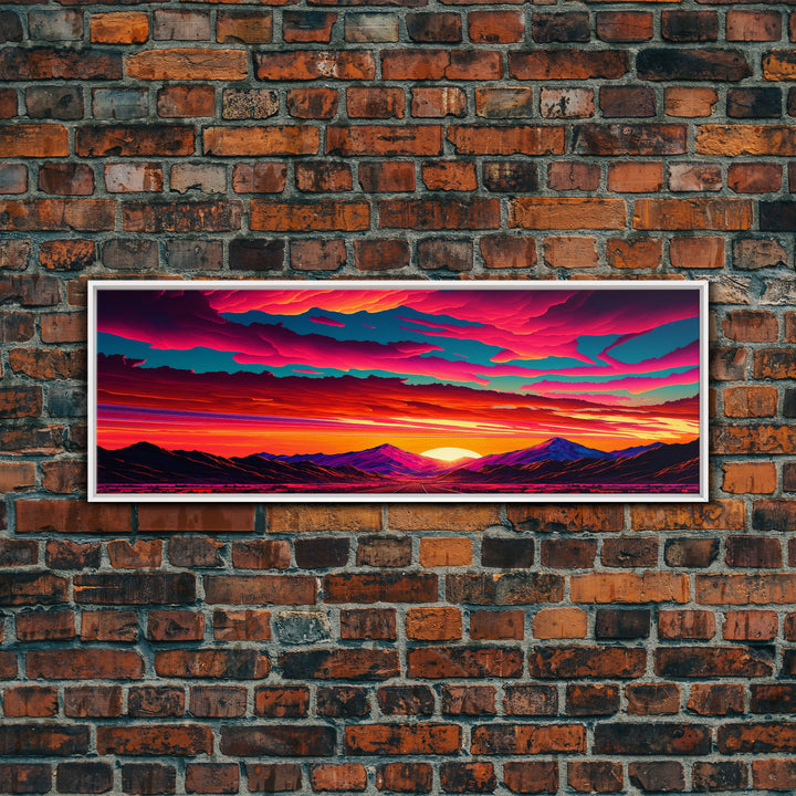 Panoramic Framed Canvas Print | Desert Mountain Landscape Synthwave Sunset | Living Room, Bedroom, Dining Room, Office