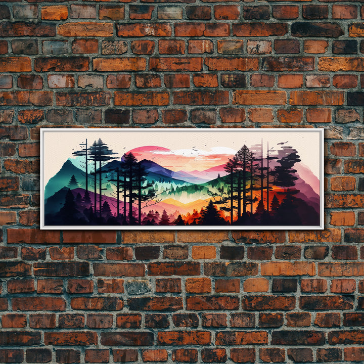 Vibrant Double Exposure Watercolor of a Mountain Landscape and Pine Tree Forest at Sunset, Wide Panoramic Framed Canvas Print