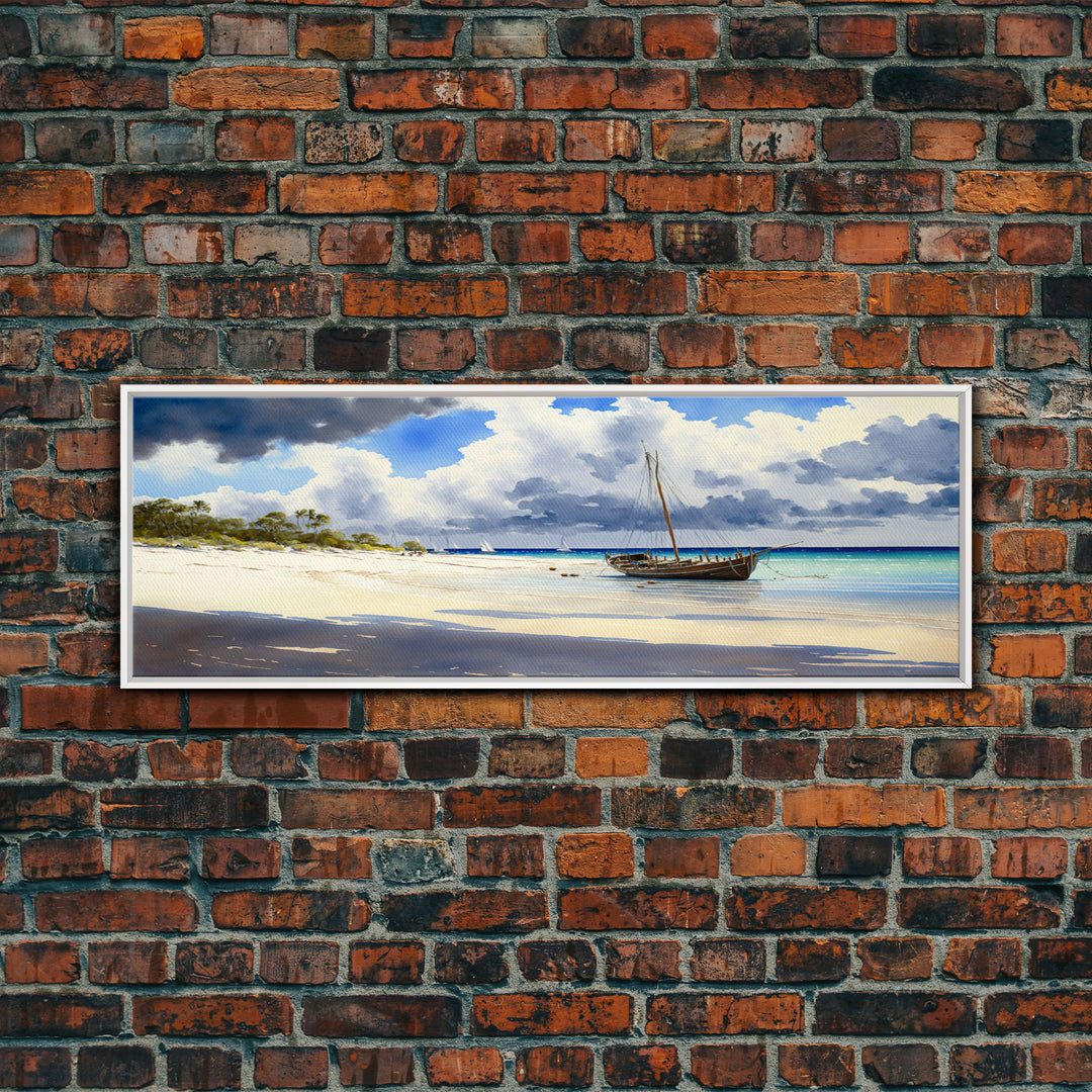 Tropical Shipwreck Island - Framed Canvas Print -Panoramic Beach Art - Blue sky and blue ocean art - nautical sailing decor