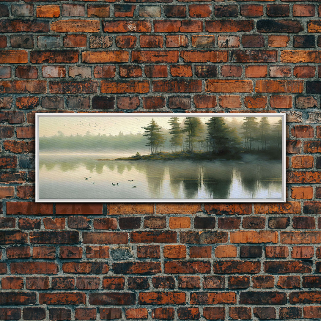 Panoramic Canvas Print of Pacific NW Lake & Forest in Soft Watercolor - Foggy Pine Trees - Framed Wall Art Decor - Framed Wall Art