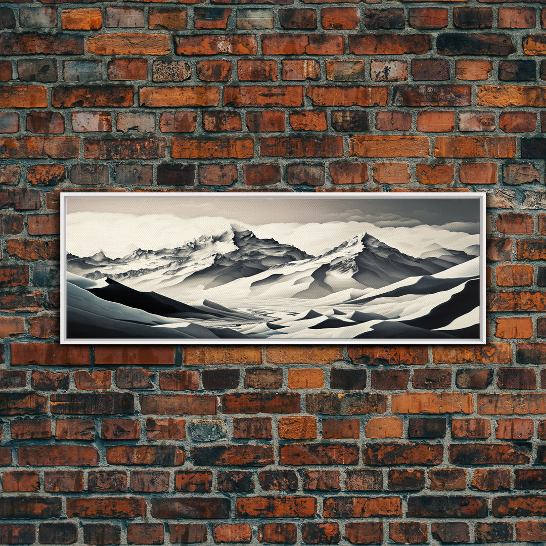 Stunning Panoramic Framed Canvas Print - Black and White Watercolor Landscape Painting - Snow Covered Mountain Art