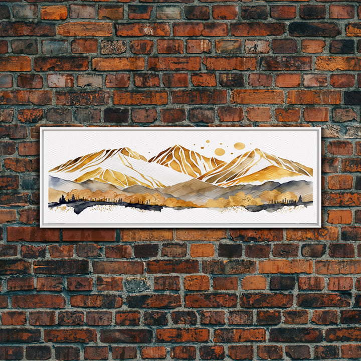 White & Gold Mountain Landscape Painting, Framed Canvas Print, Panoramic Art, Extra Wide Art, Center Piece Decor, Above Fireplace or Sofa