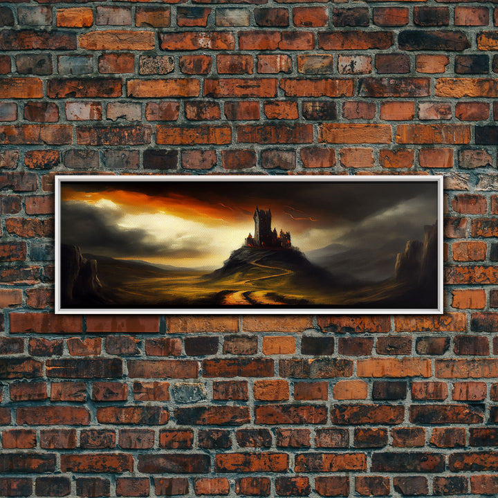 Panoramic Dark Fantasy Wall Art, Framed Canvas, Wood Frame Art, The Dark Castle Oil Painting Fantasy Decor, DND Art