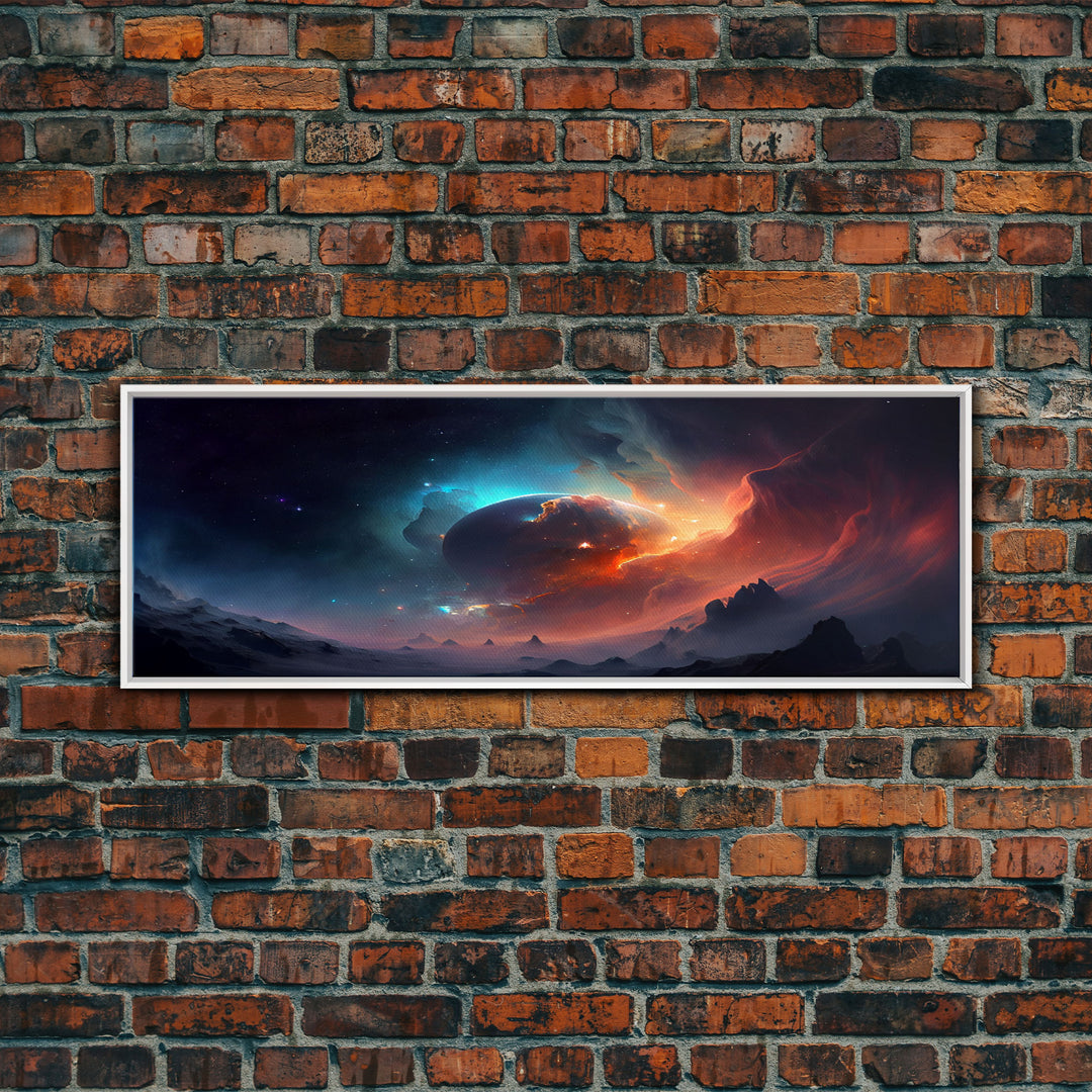 Beautiful Science Fiction Wall Art, Synthwave Style Scifi Art, Framed Canvas Print, Panoramic Alien Worlds and Star Filled Night Sky