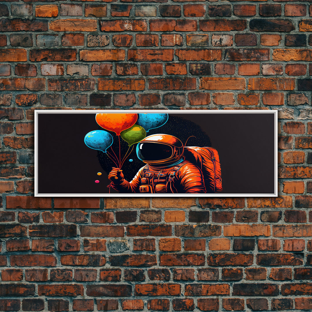 Psychedelic Astronaut Holding Balloons in Space, Framed Canvas Print, Crypto Art, To The Moon