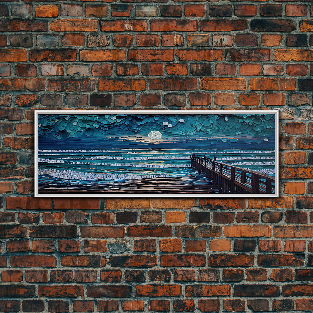 Panoramic Van Gogh Inspired Beach, Framed Canvas Print, Cool Painting, Full Moon Over Rolling Waves, Soothing Abstract Beach Decor