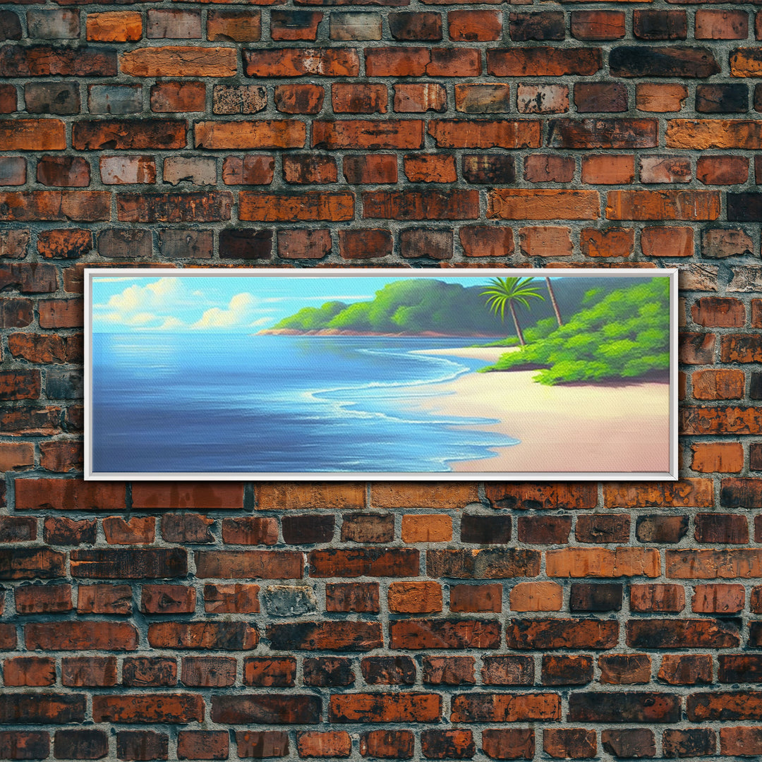 Canvas Tropical Beach Wall Art, Seashore, Palm Trees, Island, Beach Scene Art Print, Wall Decor, Green, Panoramic, Wall Art, Canvas Print