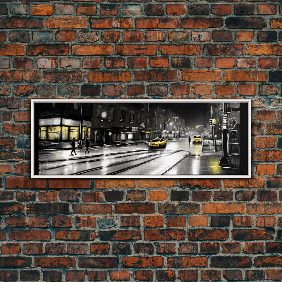 Rainy Night In City, People Crossing Street, Urban Canvas Art, Abstract City Art, Line Art City, Panoramic, Wall Art, Canvas Print