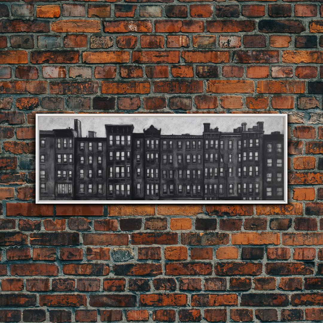 Row Of Buildings Pencil Sketch, Monochromatic Art, City Art, Large Urban Art Print, Wall Decor, Panoramic, Wall Art, Canvas Print