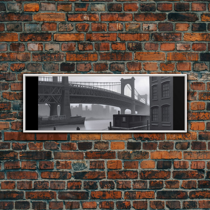 Suspension Bridge Canvas Print, Buildings, Ferry Boat, Lake, Urban Art, Large Urban Art Print, Wall Decor, Panoramic, Wall Art, Canvas Print