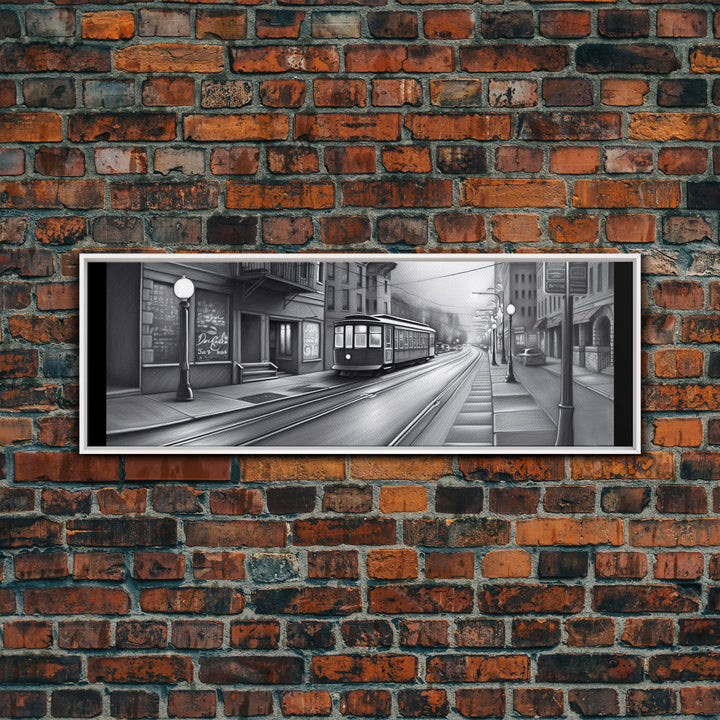 Monochromatic Tram Canvas Print, Pencil Sketch City Art, Wall Decor, Large Urban Art Print, Panoramic, Wall Art, Canvas Print