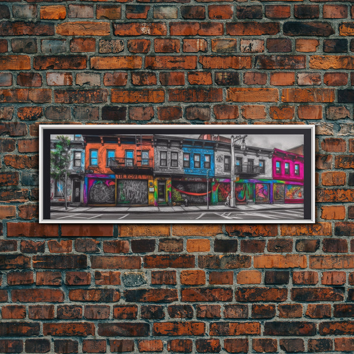 Run Down Row Of Buildings Canvas Print, Large Urban Art Print, Graffiti Street Art, Vibrant Art, Panoramic, Wall Art, Canvas Print