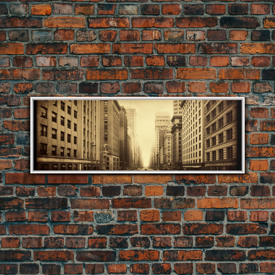 City Scape Wall Art, City Skyline Wall Art, Framed Canvas, Sepia Art, Perspective Art Print, Wall Decor, Panoramic, Wall Art, Canvas Print