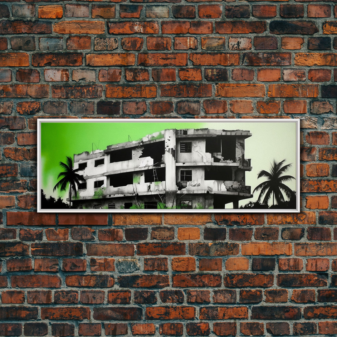 Torn Down Building Art Print, Ruins, Abandoned Structure, Green Background, Large Framed Canvas Print, Panoramic, Wall Art, Canvas Print