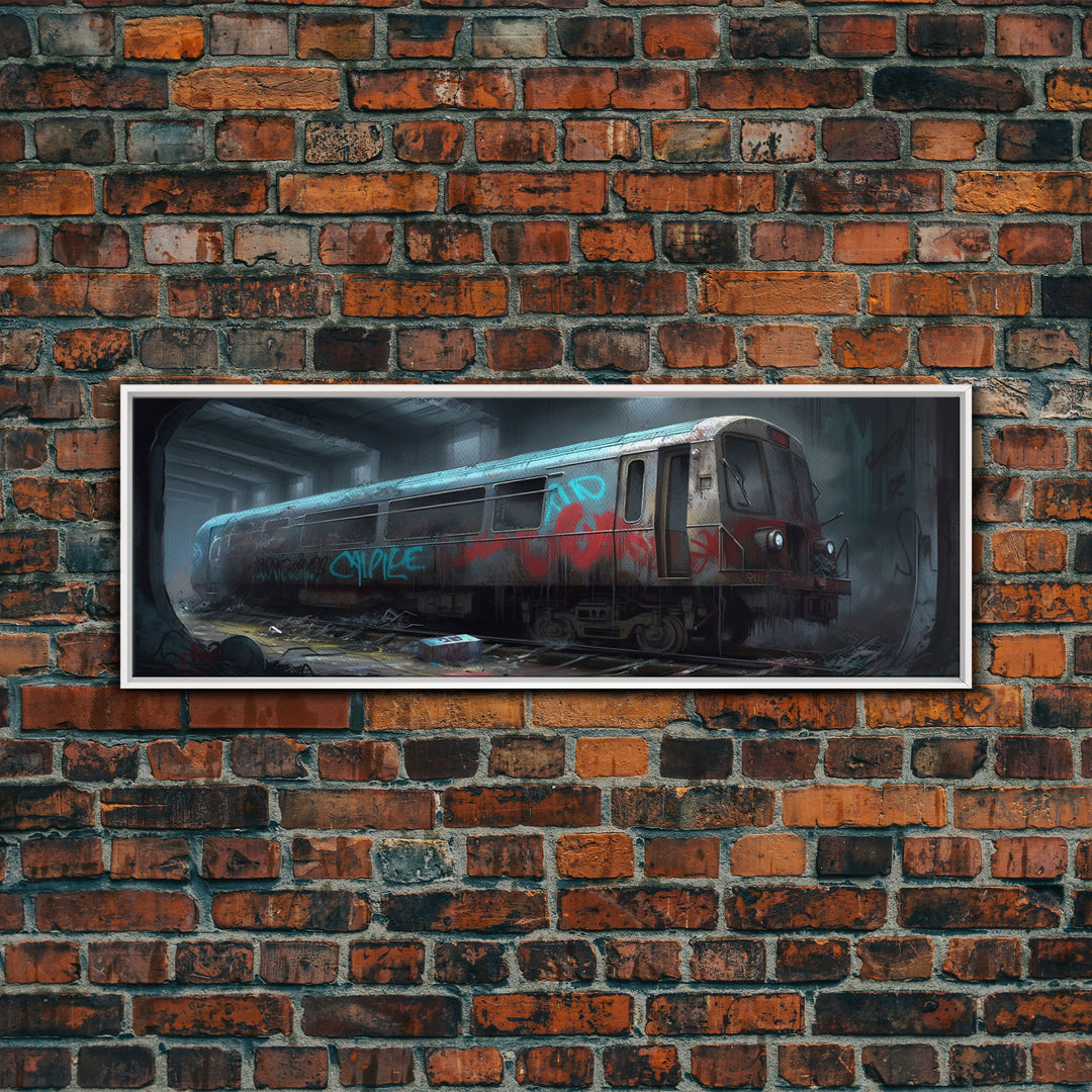 Graffiti On Abandoned Subway Train, Urban Art, Wall Decor, Urban Canvas Art, Large Framed Canvas Print, Panoramic, Wall Art, Canvas Print