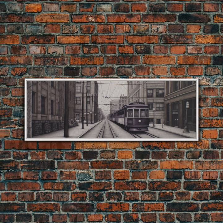 Streetcar Urban Art Print, Purple Train, Perspective Art, City Art, Urban Canvas Print, Panoramic, Wall Art, Canvas Print