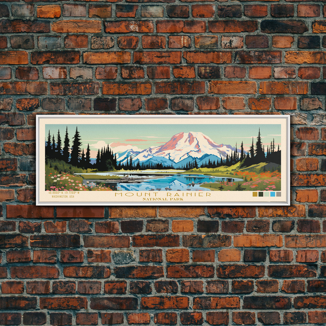 Mount Rainier National Park Panoramic Washington Travel Art, National Park Print, Minimalist Travel Art, Midcentury Modern Style Landscape