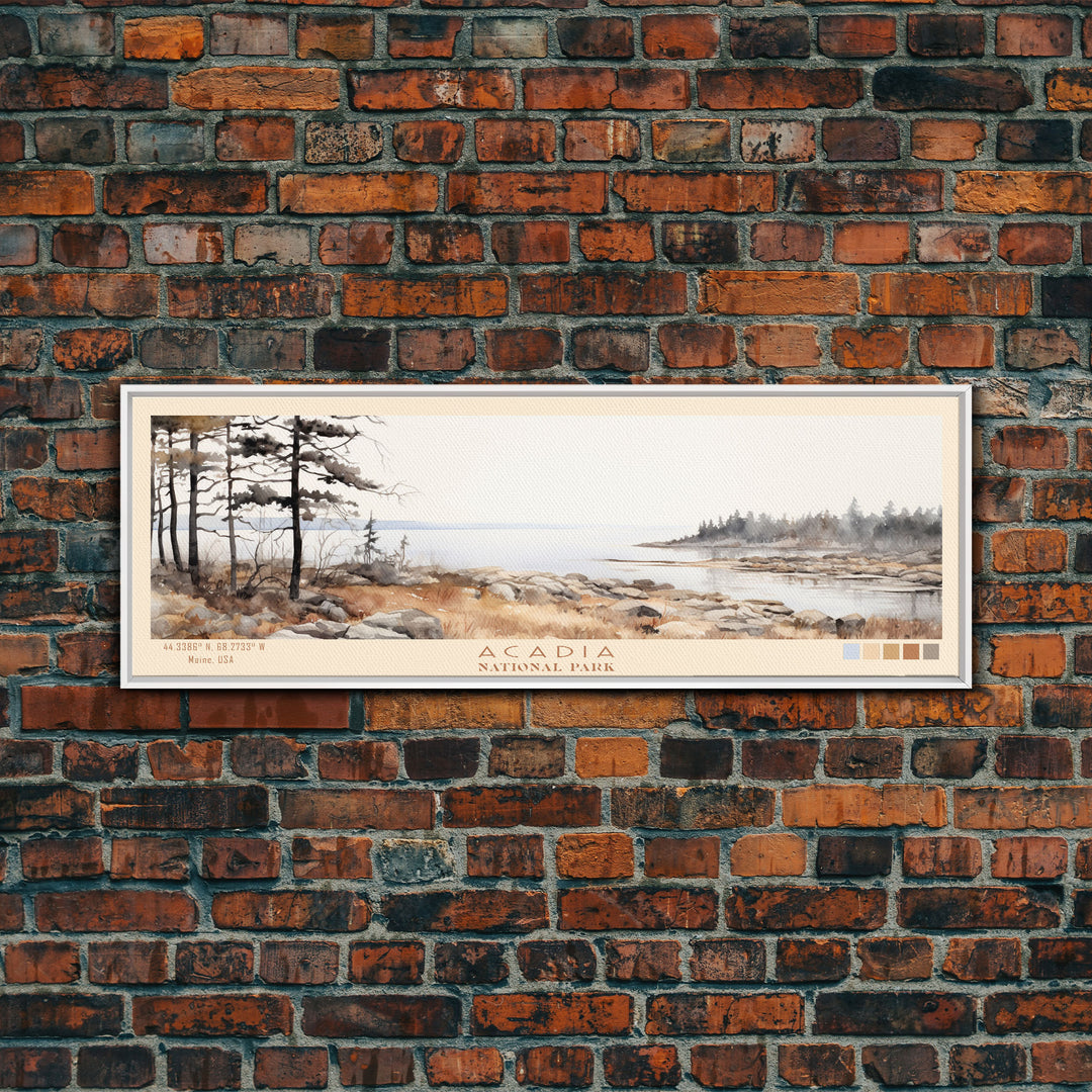 Acadia National Park Panoramic Maine Travel Art, National Park Print, Minimalist Travel Art, Subdued Watercolor Painting Panoramic