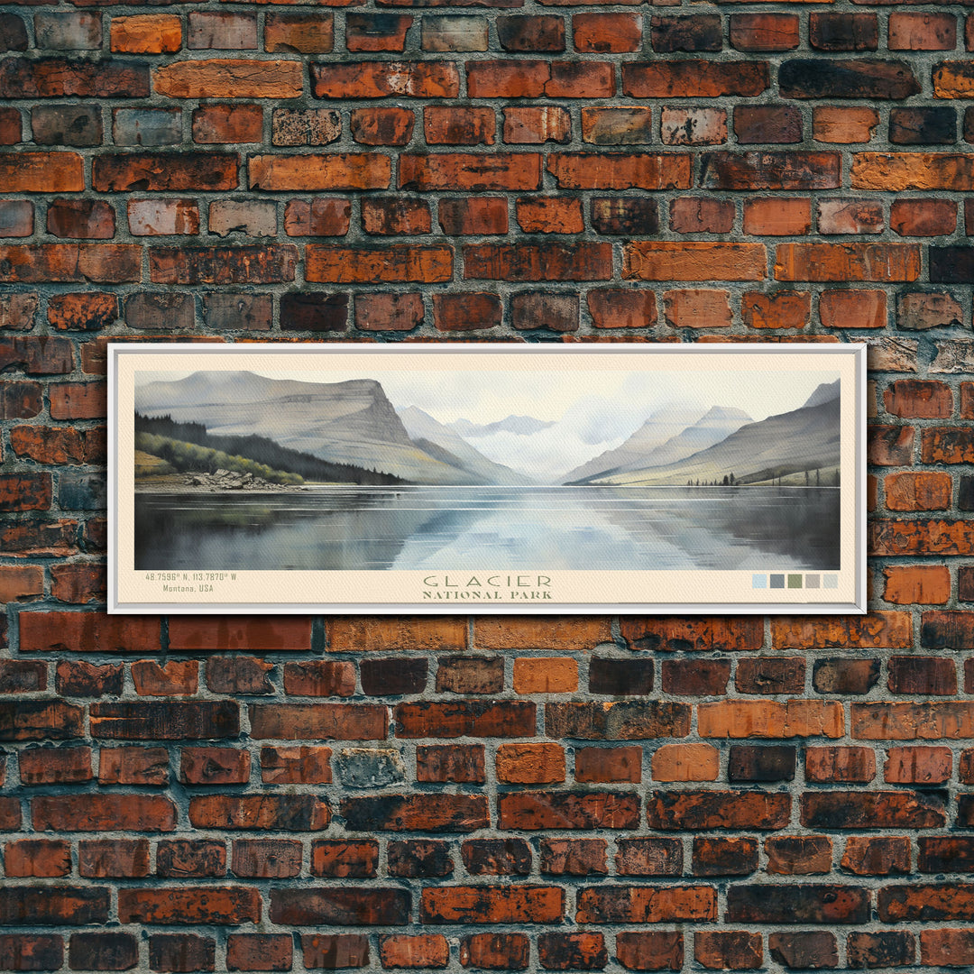 Glacier National Park Panoramic Montana Travel Art, National Park Print, Minimalist Travel Art, Subdued Watercolor Painting Panoramic